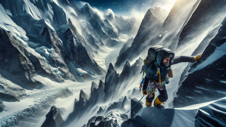 image that explores the challenges and wonders of climbing in the Himalayas. The scene captures a climber