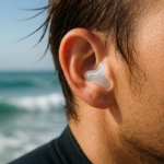 Tapón auditivo transparente en la oreja junto al mar