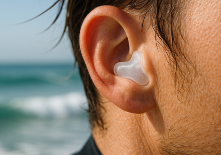 Tapón auditivo transparente en la oreja junto al mar