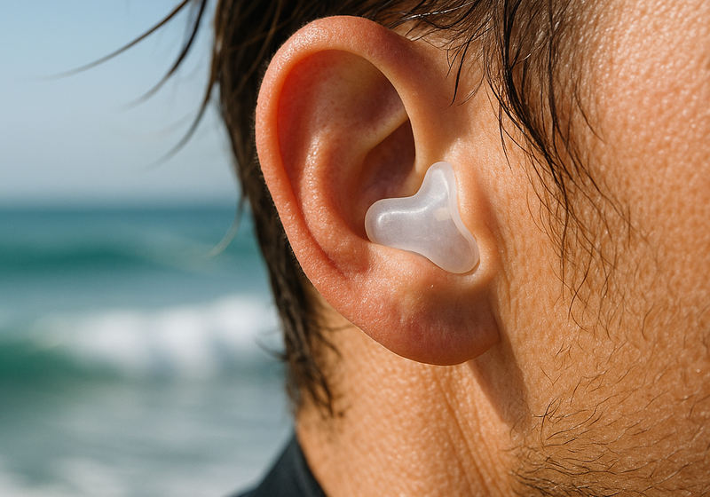 Tapón auditivo transparente en la oreja junto al mar