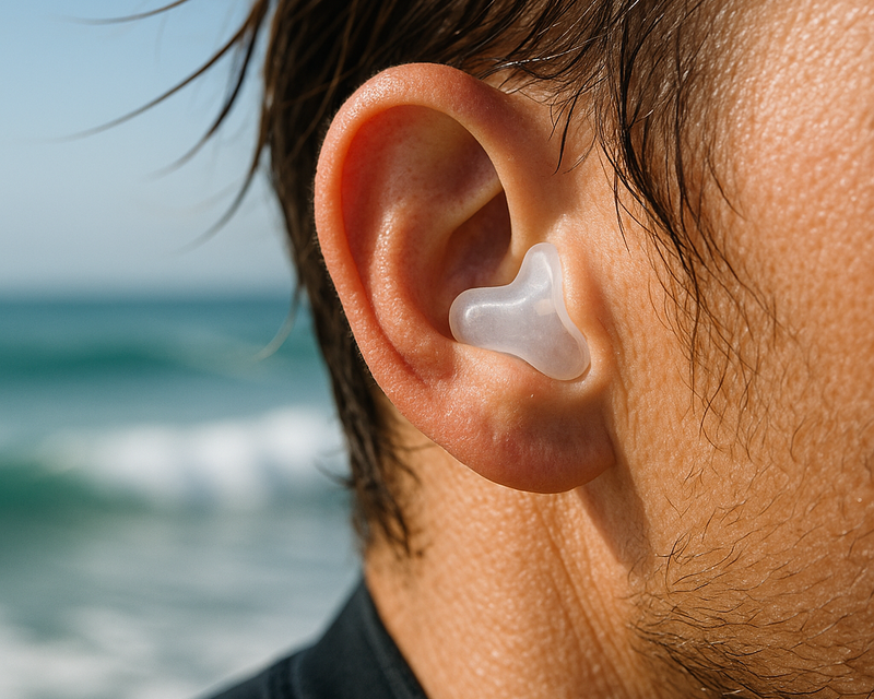Tapón auditivo transparente en la oreja junto al mar