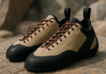Zapatillas beige y negras sobre rocas