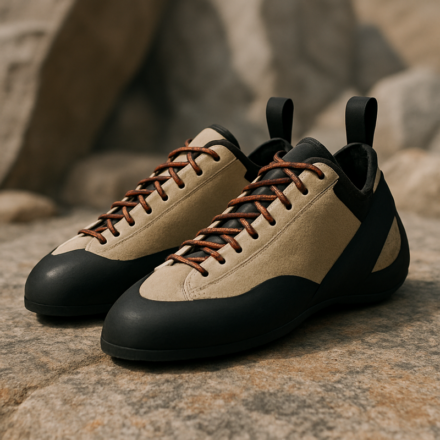 Zapatillas beige y negras sobre rocas