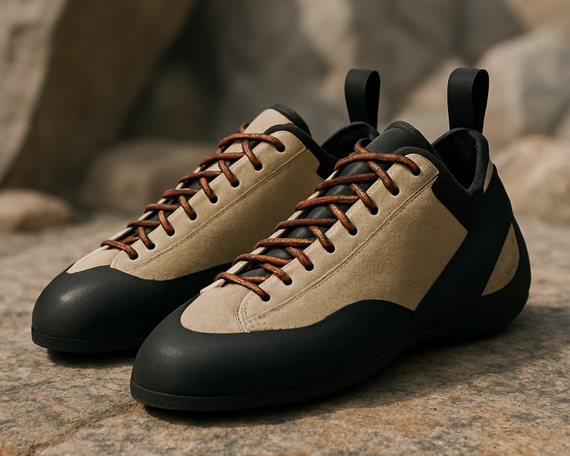 Zapatillas beige y negras sobre rocas