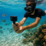 Buceador graba arrecife coralino con cámara submarina