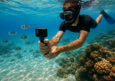 Buceador graba arrecife coralino con cámara submarina