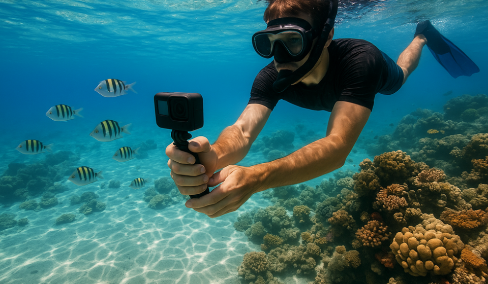 Buceador graba arrecife coralino con cámara submarina