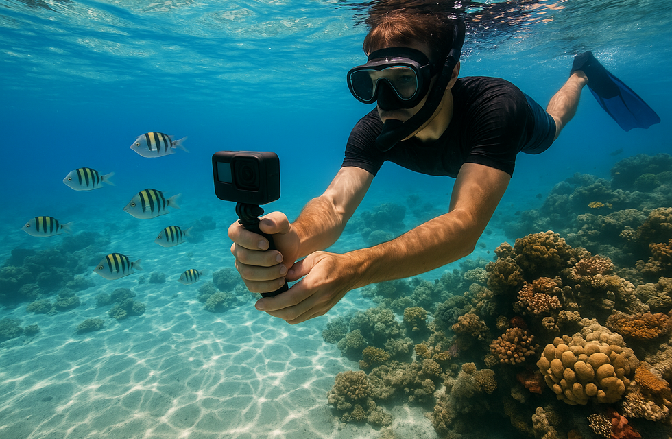 Buceador graba arrecife coralino con cámara submarina