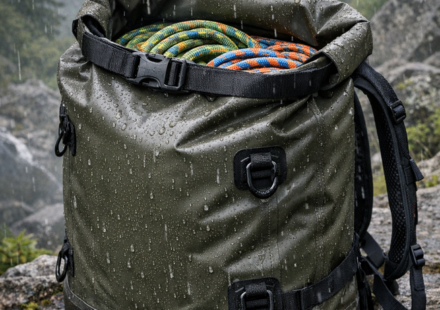 Mochila impermeable con cuerdas de escalada bajo la lluvia