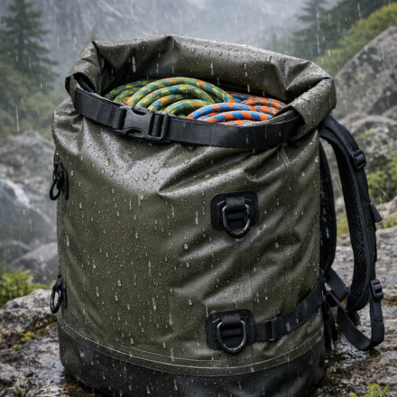 Mochila impermeable con cuerdas de escalada bajo la lluvia