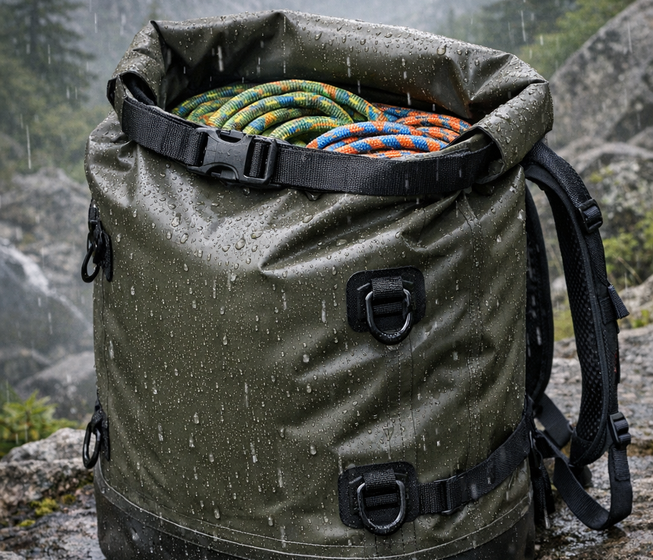 Mochila impermeable con cuerdas de escalada bajo la lluvia