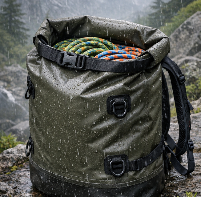 Mochila impermeable con cuerdas de escalada bajo la lluvia