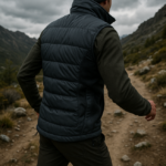 Senderista con chaleco acolchado en un sendero montañoso