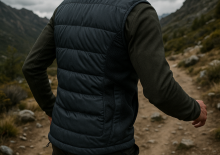 Senderista con chaleco acolchado en un sendero montañoso