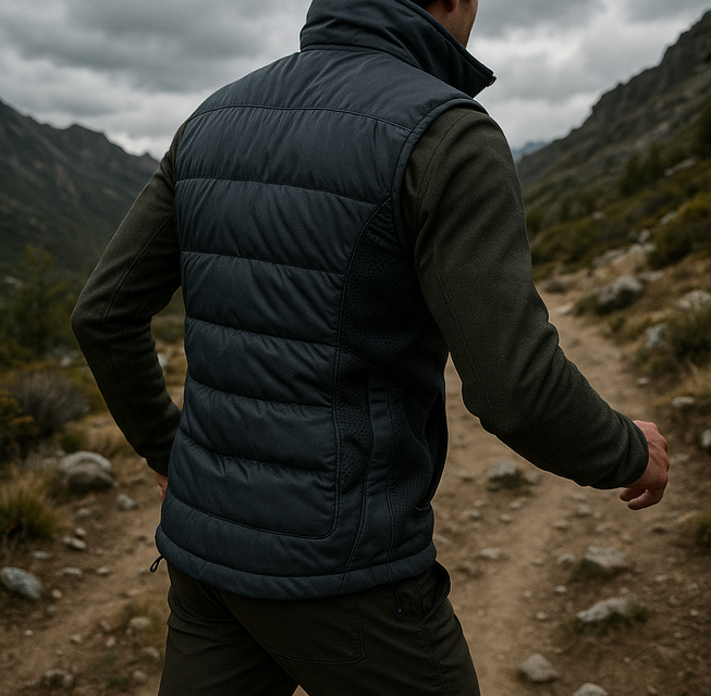Senderista con chaleco acolchado en un sendero montañoso