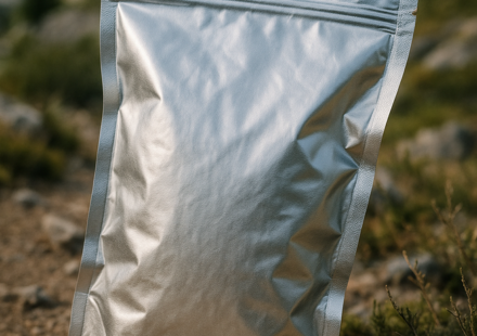 Bolsa plateada resellable sobre sendero de montaña