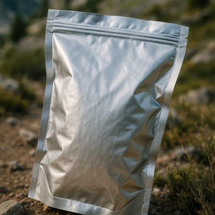 Bolsa plateada resellable sobre sendero de montaña