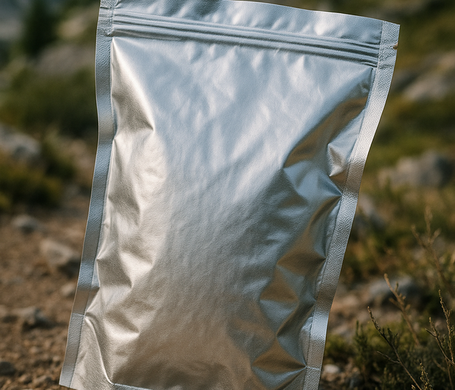 Bolsa plateada resellable sobre sendero de montaña