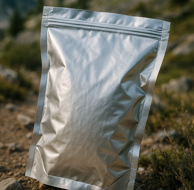 Bolsa plateada resellable sobre sendero de montaña