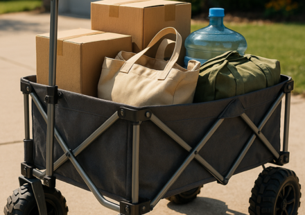 Carro plegable con cajas y equipaje frente a una casa