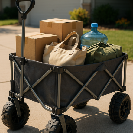 Carro plegable con cajas y equipaje frente a una casa