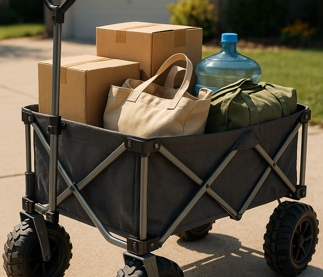 Carro plegable con cajas y equipaje frente a una casa