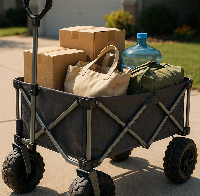 Carro plegable con cajas y equipaje frente a una casa